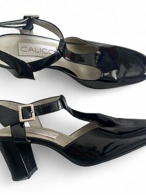 Calico Black Patent Leather T-Strap Heels